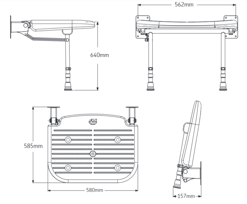 AKW 04110 Extra Wide Wall Mounted Unpadded Fold Up Shower Seat