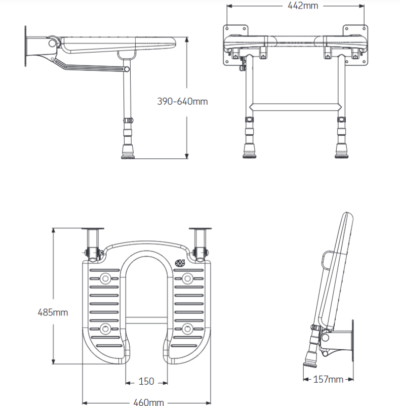 AKW 04120 Extra Wide Wall Mounted Unpadded Horseshoe Shower Seat