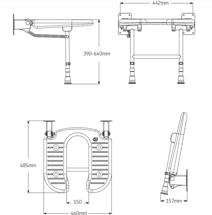 AKW 04120 Extra Wide Wall Mounted Unpadded Horseshoe Shower Seat