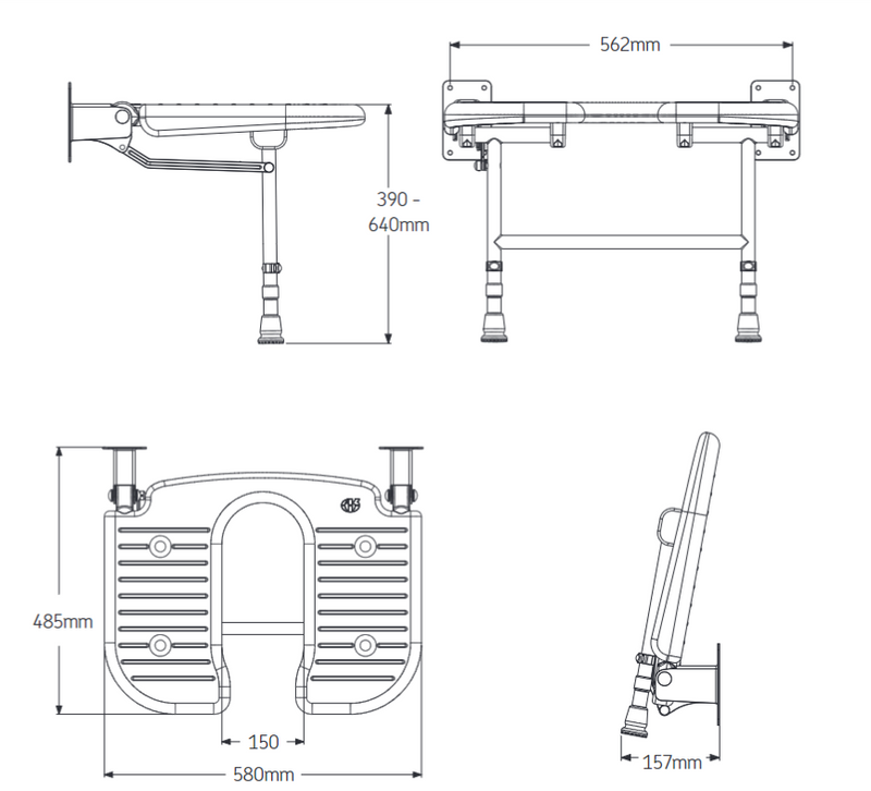 AKW 04120 Extra Wide Horseshoe Shower Seat dimension drawing