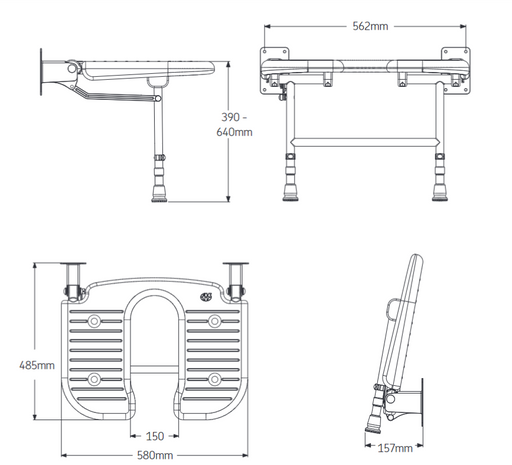 AKW 04120 Extra Wide Horseshoe Shower Seat dimension drawing