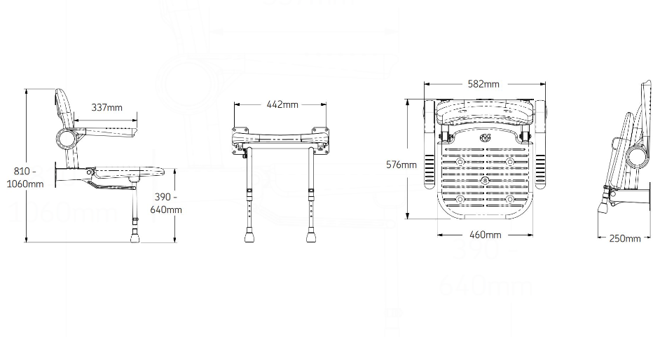 AKW 04230 Standard Wall Mounted Shower Seat with Back and Grey Padded Arms