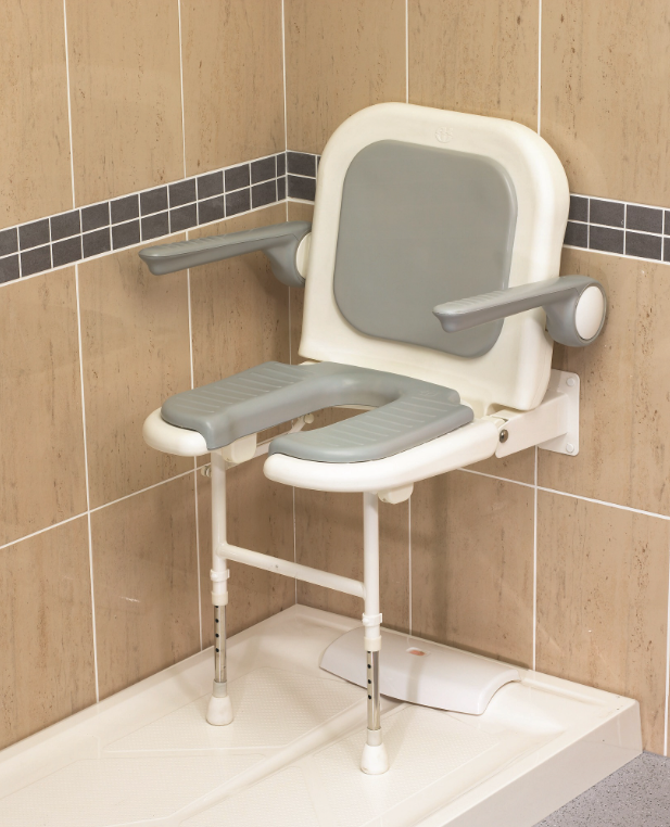 AKW 04260P Standard Horseshoe Wall Mounted Shower Seat with Grey Padded Back and Arms