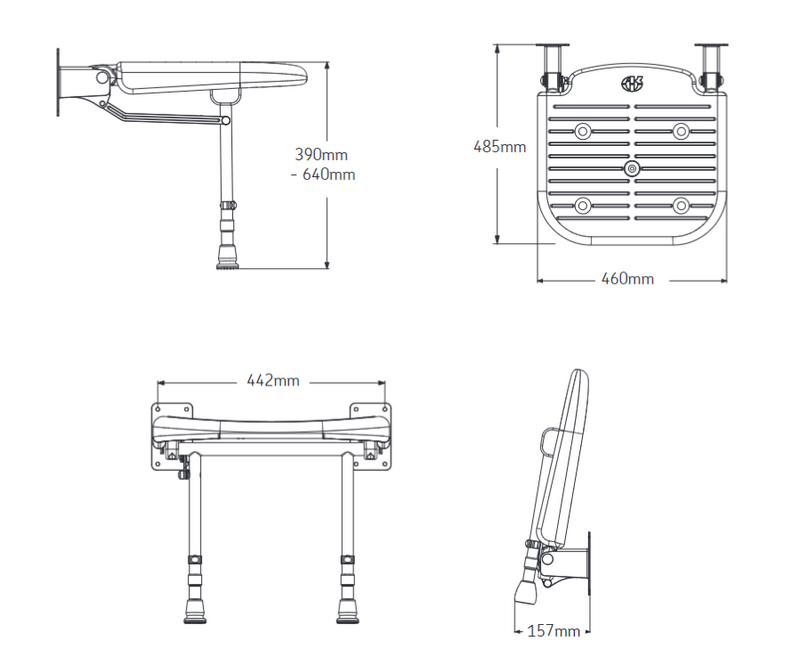 AKW 04270P Standard Wall Mounted Fold Up Grey Padded Shower Seat With Legs