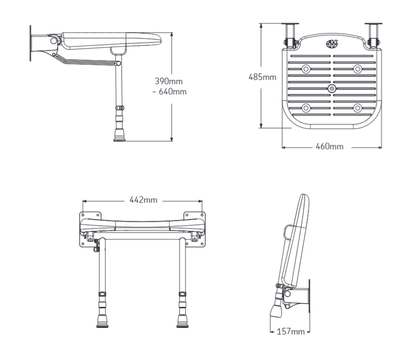 AKW 04270P Standard Wall Mounted Fold Up Grey Padded Shower Seat With Legs