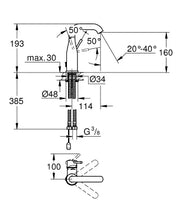 Grohe Essence Basin Mixer Tap M-Size swivel spout retractable chain StarLight Chrome dimensions drawing