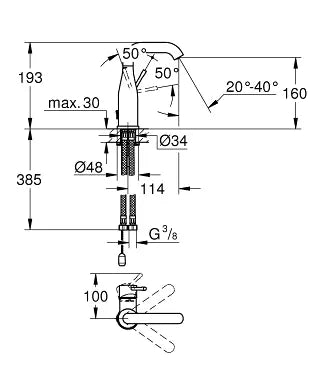 Grohe Essence Basin Mixer Tap M-Size swivel spout retractable chain StarLight Chrome dimensions drawing