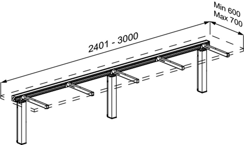 Pressalit INDIVO Wash Basin Lift, 3 Actuators, White, for Worktop 2401-3000mm (RK1454000) — dimensioned drawing