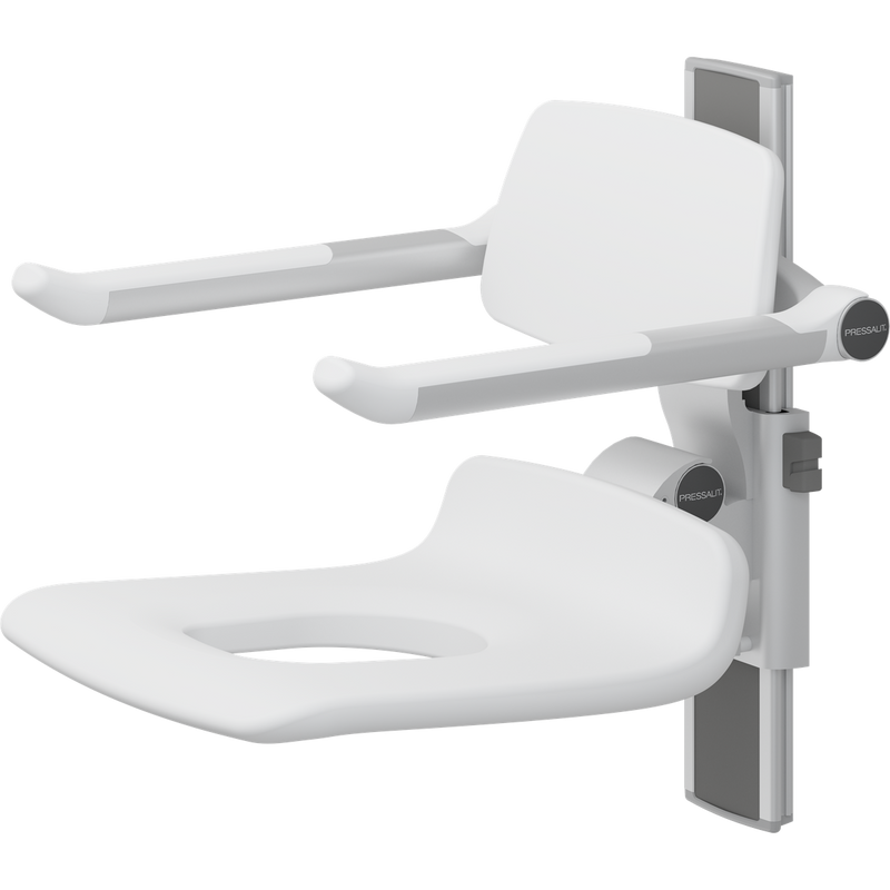 Pressalit PLUS Shower Seat 450 with Aperture incl. Backrest & Armrests, Manually Height Adjustable, White (R7435000)