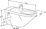 Pressalit wall-hung rimless toilet, 700mm projection, dimensioned drawing
