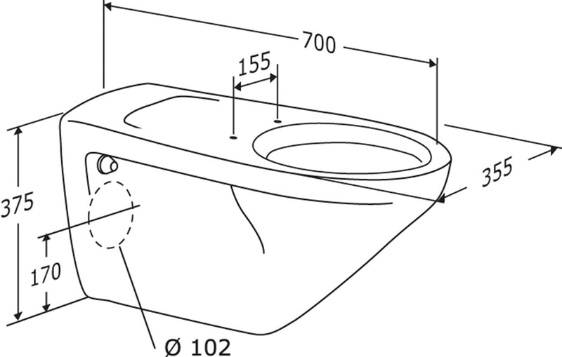 Pressalit wall-hung rimless toilet, 700mm projection, dimensioned drawing