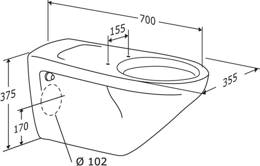 Pressalit wall-hung rimless toilet, 700mm projection, dimensioned drawing