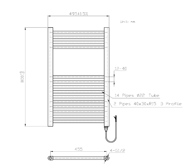 Kartell K-VIT Straight Electric Towel Rail Thermostatic Control 500x800mm (ETSTR508C)