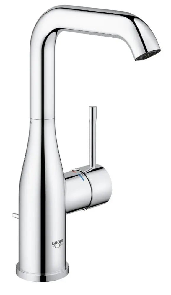 Grohe Essence basin mixer tap L-Size with tall U-shaped swivel spout and pop-up waste in StarLight Chrome, code 32628001
