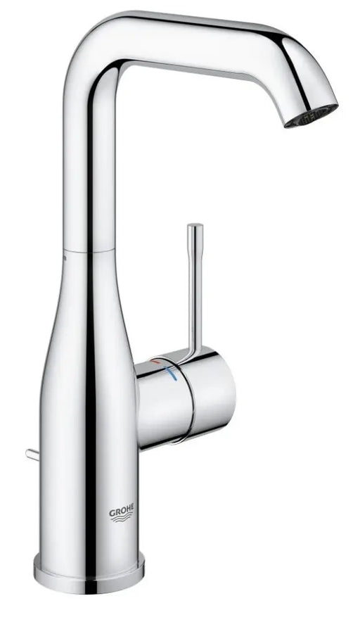 Grohe Essence basin mixer tap L-Size with tall U-shaped swivel spout and pop-up waste in StarLight Chrome, code 32628001