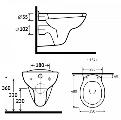 AKW Showerloo Livenza wall hung WC pack 23105L dimensions drawing