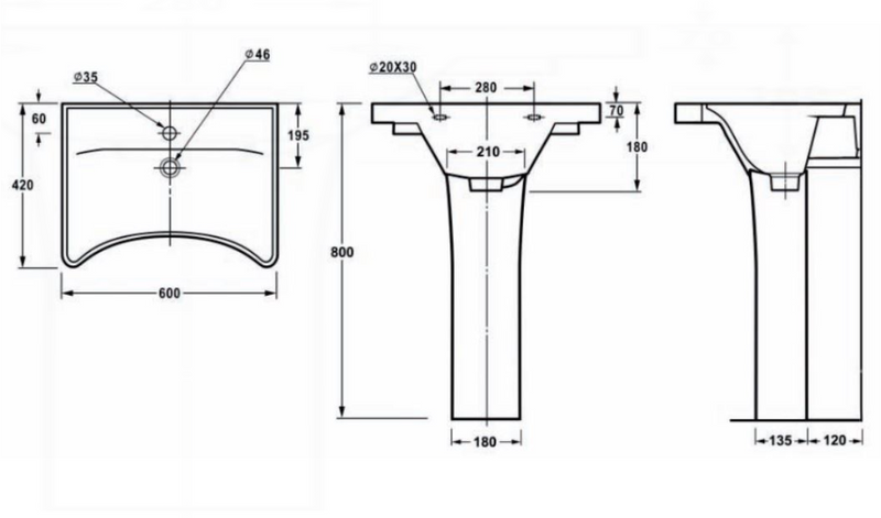 AKW ergonomic concave wash basin full pedestal 23115-FP dimensions drawing