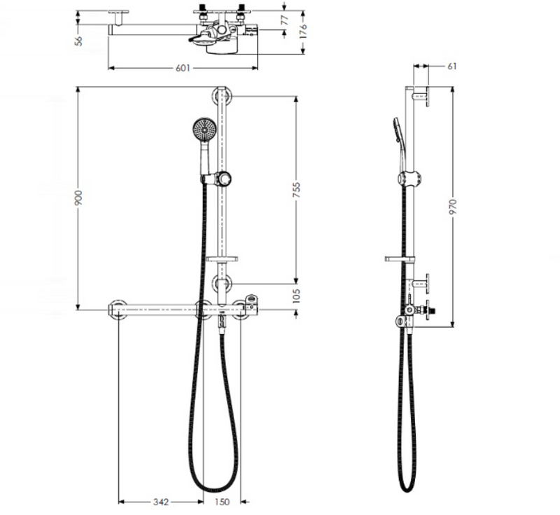 AKW Onyx Combo L-Shape Grab Rail & Mixer Shower – Right Hand (25436R-LS)
