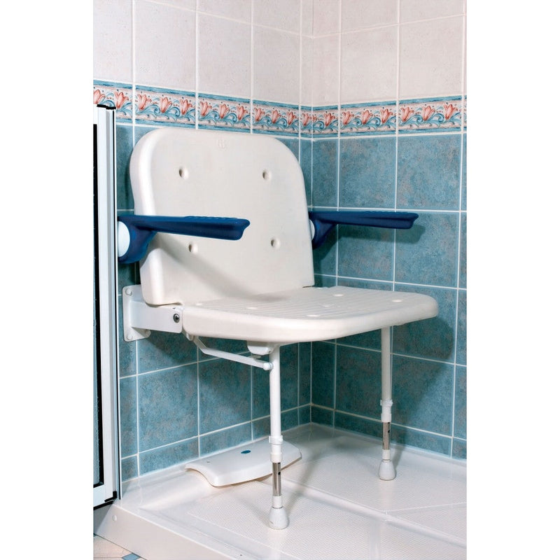 AKW 04140 Extra Wide Wall Mounted Shower Seat with Back & Blue Padded Arms