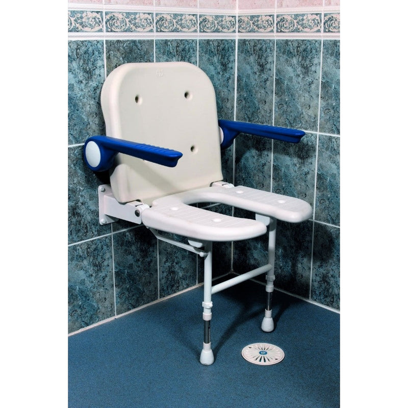 AKW 04160 Standard Horseshoe Shower Seat with Back and Blue Padded Arms