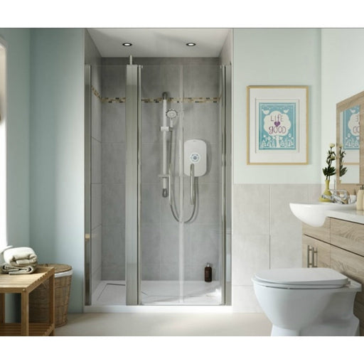 AKW Larenco alcove saloon door glass shower enclosure with inline panel and curtain rail in a bathroom setting