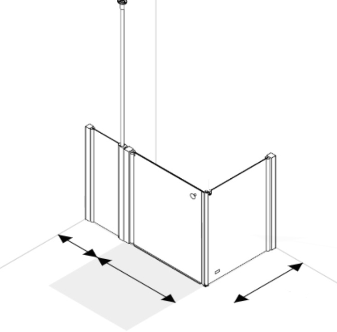 AKW Larenco extended Care half height corner glass shower enclosure with door, 400mm panel and side panel with support poles