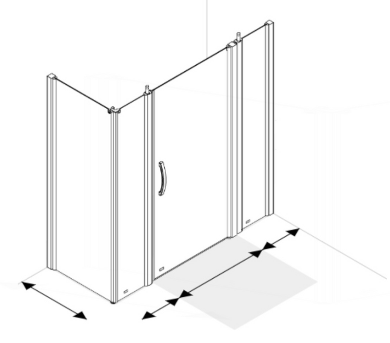 AKW Larenco double extended full height corner glass shower enclosure with hinged door, two 400mm panels and side panel