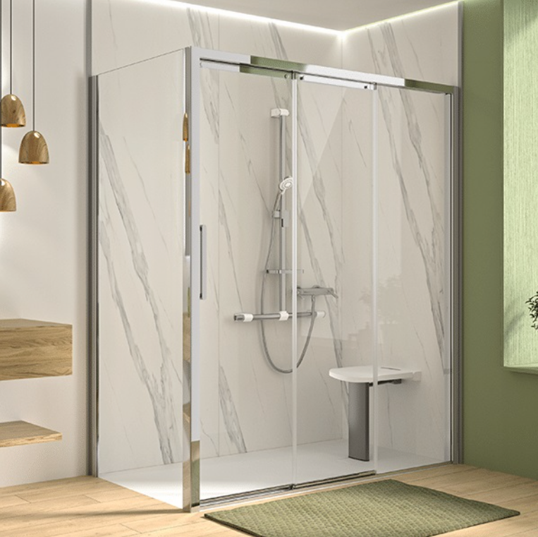AKW Larenco 3 panel sliding glass shower screen in a wet room bathroom setting