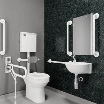 AKW low level standard Doc M pack with fluted white grab rails, rimless pan and finger rinse basin (28313FWH)