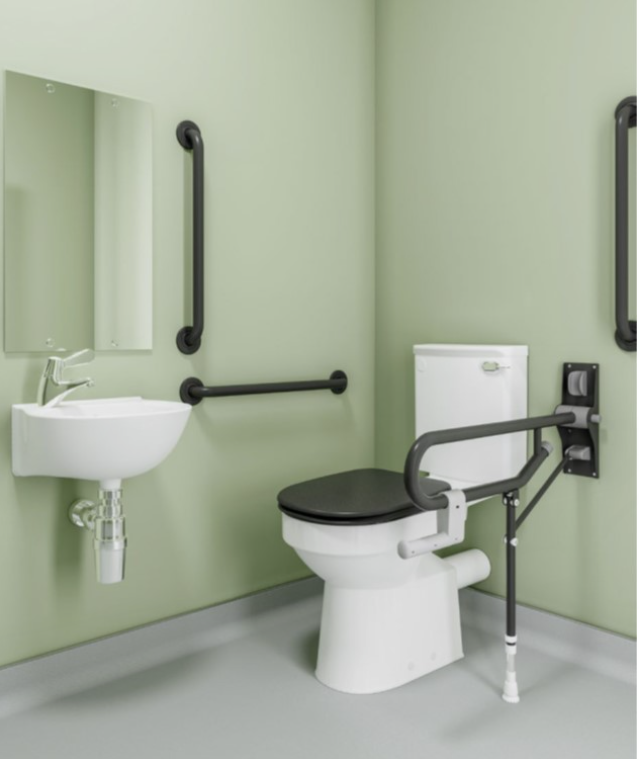 AKW close coupled standard Doc M pack with TMV3 thermostatic tap and fluted mid grey grab rails (28314FMG)