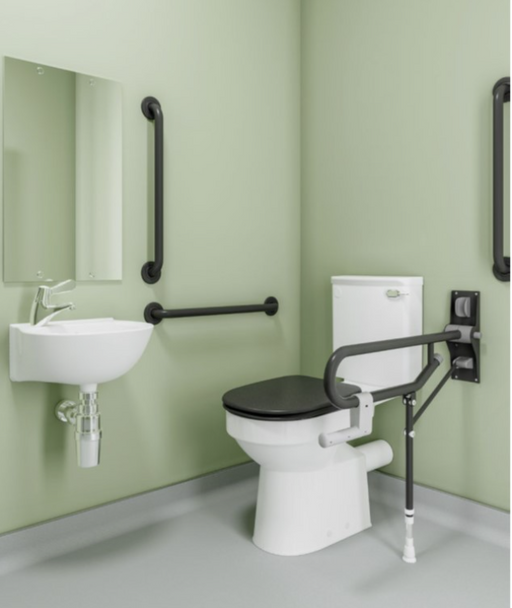 AKW close coupled standard Doc M pack with TMV3 thermostatic tap and fluted mid grey grab rails (28314FMG)