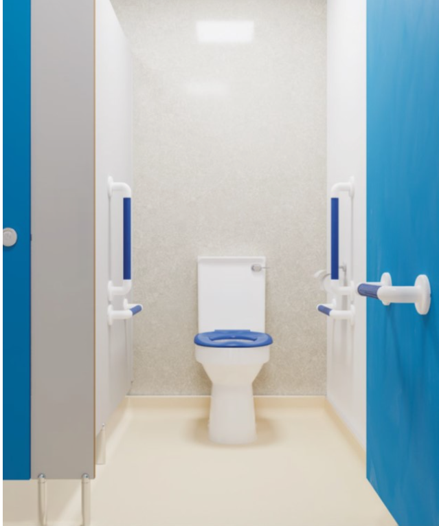 AKW close coupled ambulant Doc M pack with fluted blue grab rails (28318FBU)