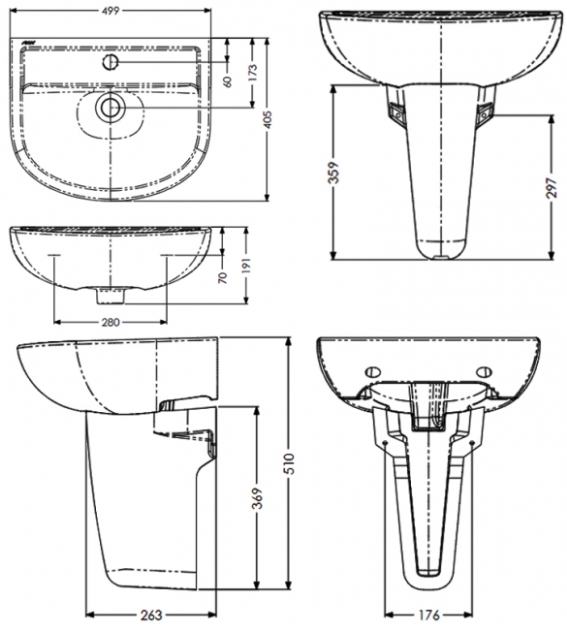 AKW Navlin 500mm 2TH Basin & Semi Pedestal (28335)