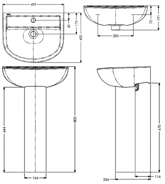 AKW Navlin 500mm 2TH Basin & Full Pedestal (28335-FP)