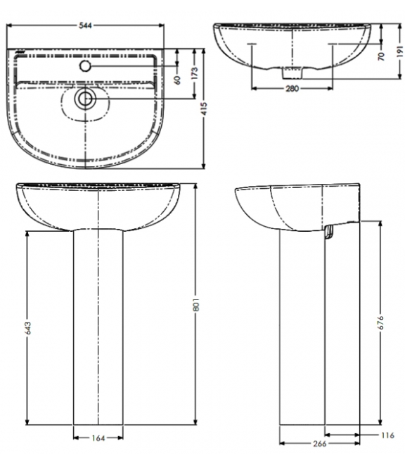 AKW Navlin 550mm 2TH Basin & Full Pedestal (28336-FP)