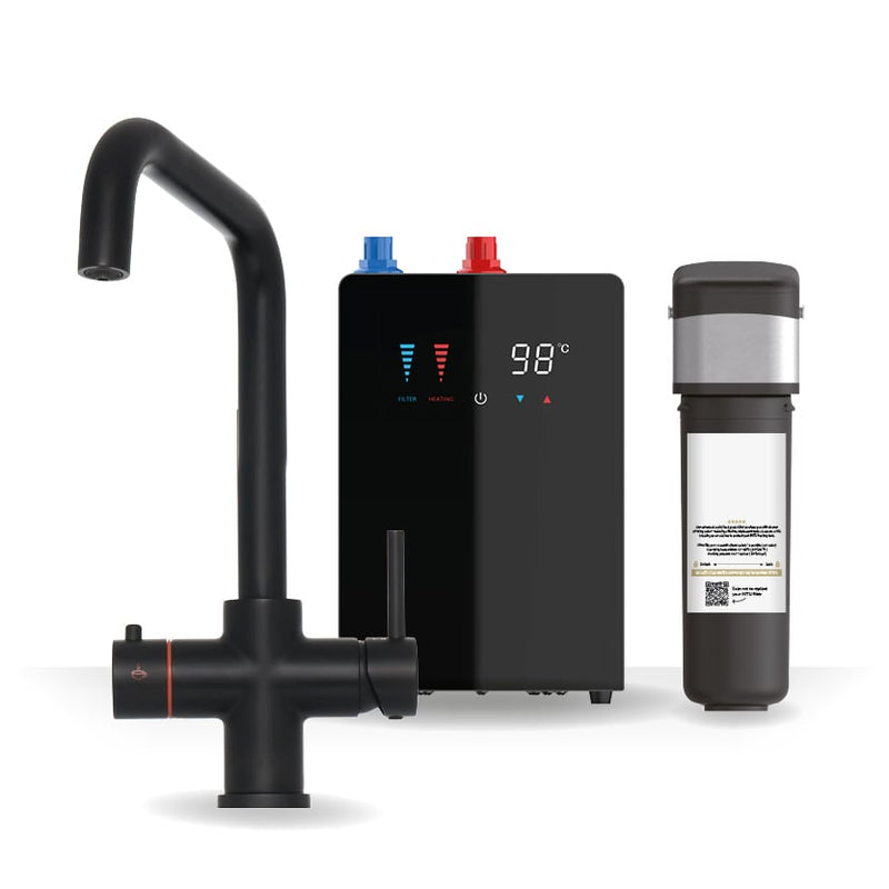Brewmaster 3-in-1 square instant boiling water kitchen tap in Matt Black with digital under-sink tank