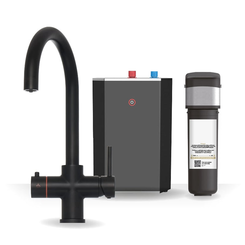 Brewmaster 3-in-1 swan neck instant boiling water kitchen tap in Matt Black with standard 2.4 litre under-sink tank