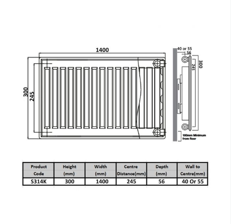 Kartell K-RAD Type 11 Single Panel Radiator 300mm x 1400mm White (S314K)