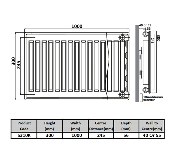 Kartell K-RAD Type 11 Single Panel Radiator 300mm x 1000mm White (S310K)