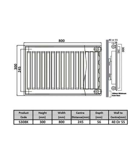 Kartell K-RAD Type 11 Single Panel Radiator 300mm x 800mm White (S308K)