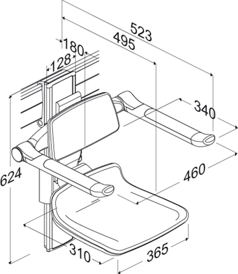 Pressalit PLUS Shower Seat 310 incl. Backrest & Armrests dimensioned drawing (R7364035)