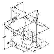 Pressalit PLUS Shower Seat 450 with Aperture incl. Backrest & Armrests dimensioned drawing (R7465112)