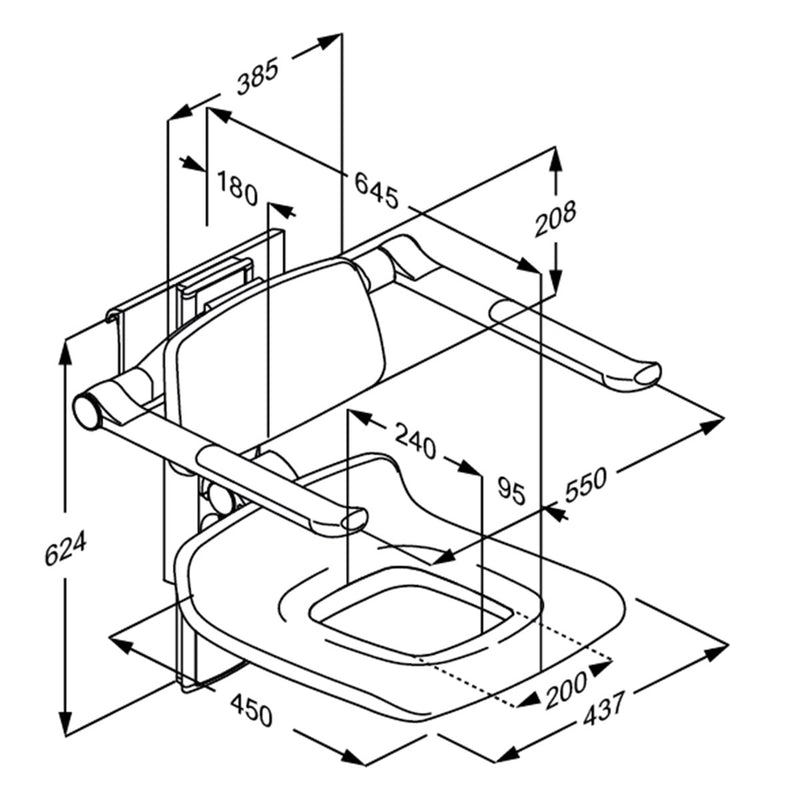 Pressalit PLUS Shower Seat 450 with Aperture incl. Backrest & Armrests dimensioned drawing (R7465112)