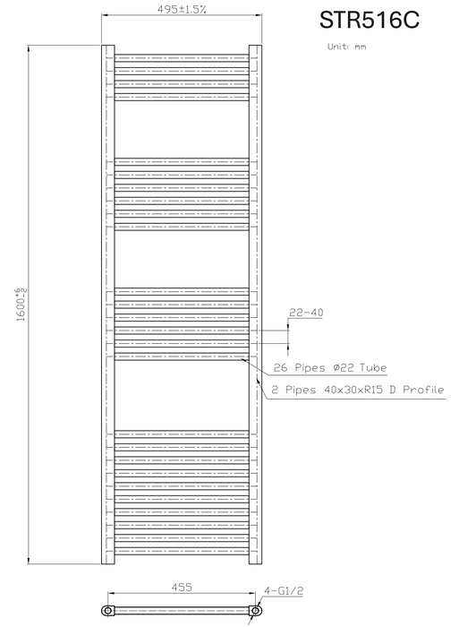 Kartell K-VIT K-Rail 22mm Straight Heated Towel Rail Chrome