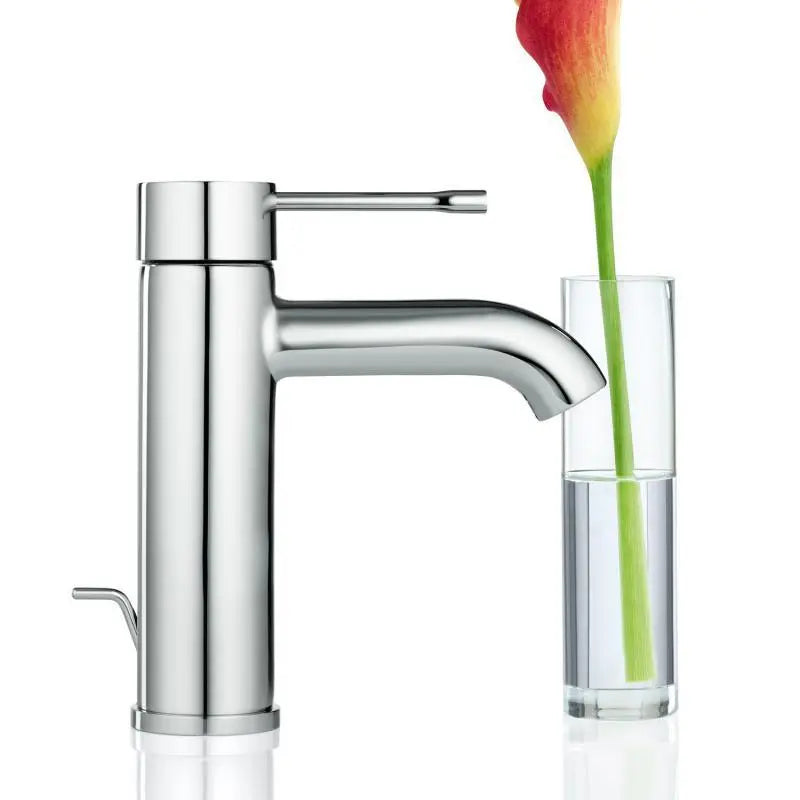 Grohe Essence Basin Mixer Tap S-Size cold-start pop-up waste StarLight Chrome detail of lever