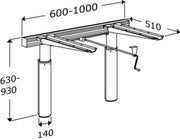 Pressalit INDIVO wall-mounted manual worktop lift, dimensioned drawing