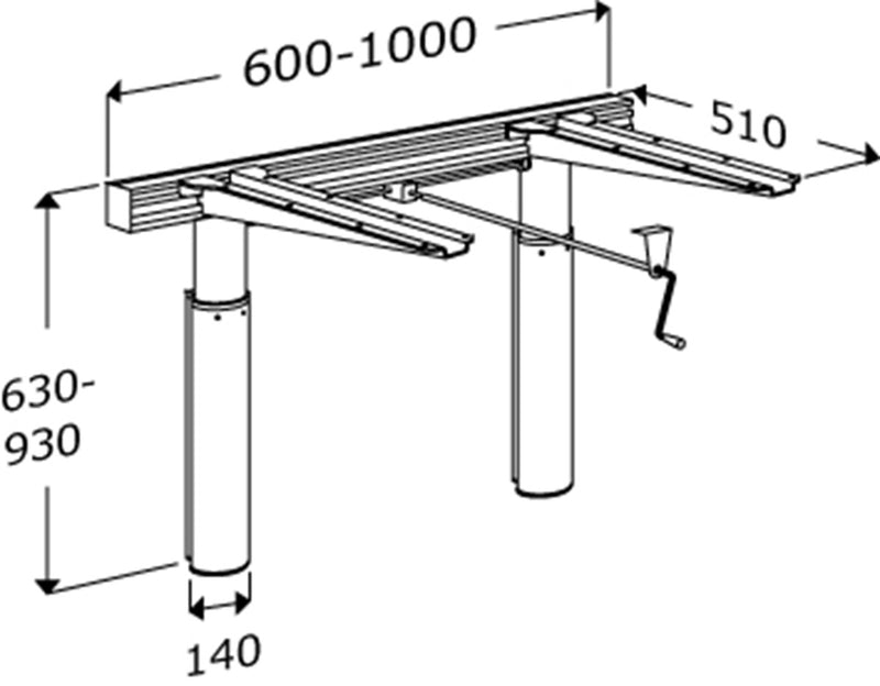 Pressalit INDIVO wall-mounted manual worktop lift, dimensioned drawing