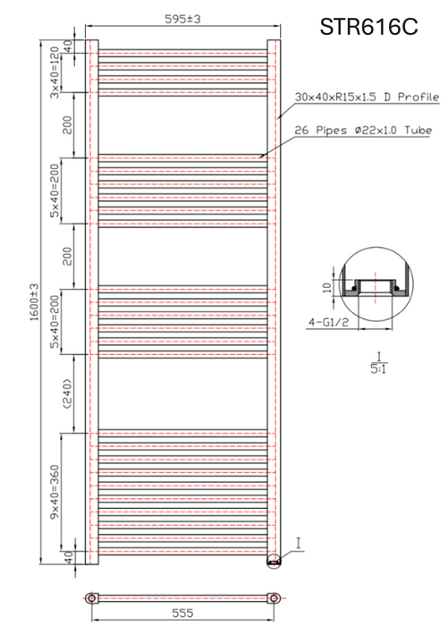 Kartell K-VIT K-Rail 22mm Straight Heated Towel Rail Chrome