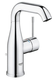 Detail of the Grohe Essence M-Size basin mixer single metal lever and cylindrical body in chrome