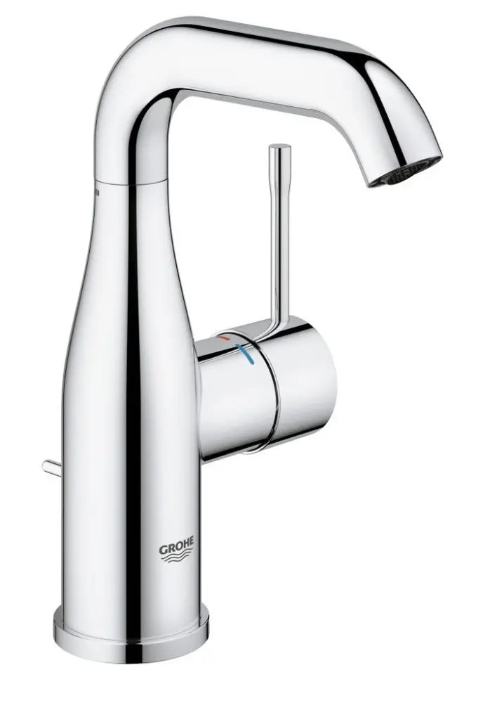 Detail of the Grohe Essence M-Size basin mixer single metal lever and cylindrical body in chrome